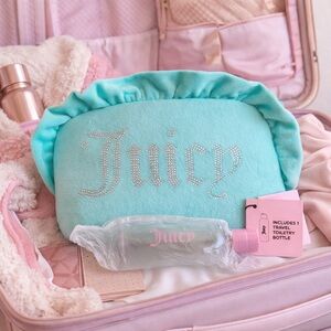 JUICY COUTURE Cosmetic Bag Travel Set & Bottle Velour Rhinestone Logo Mint Green